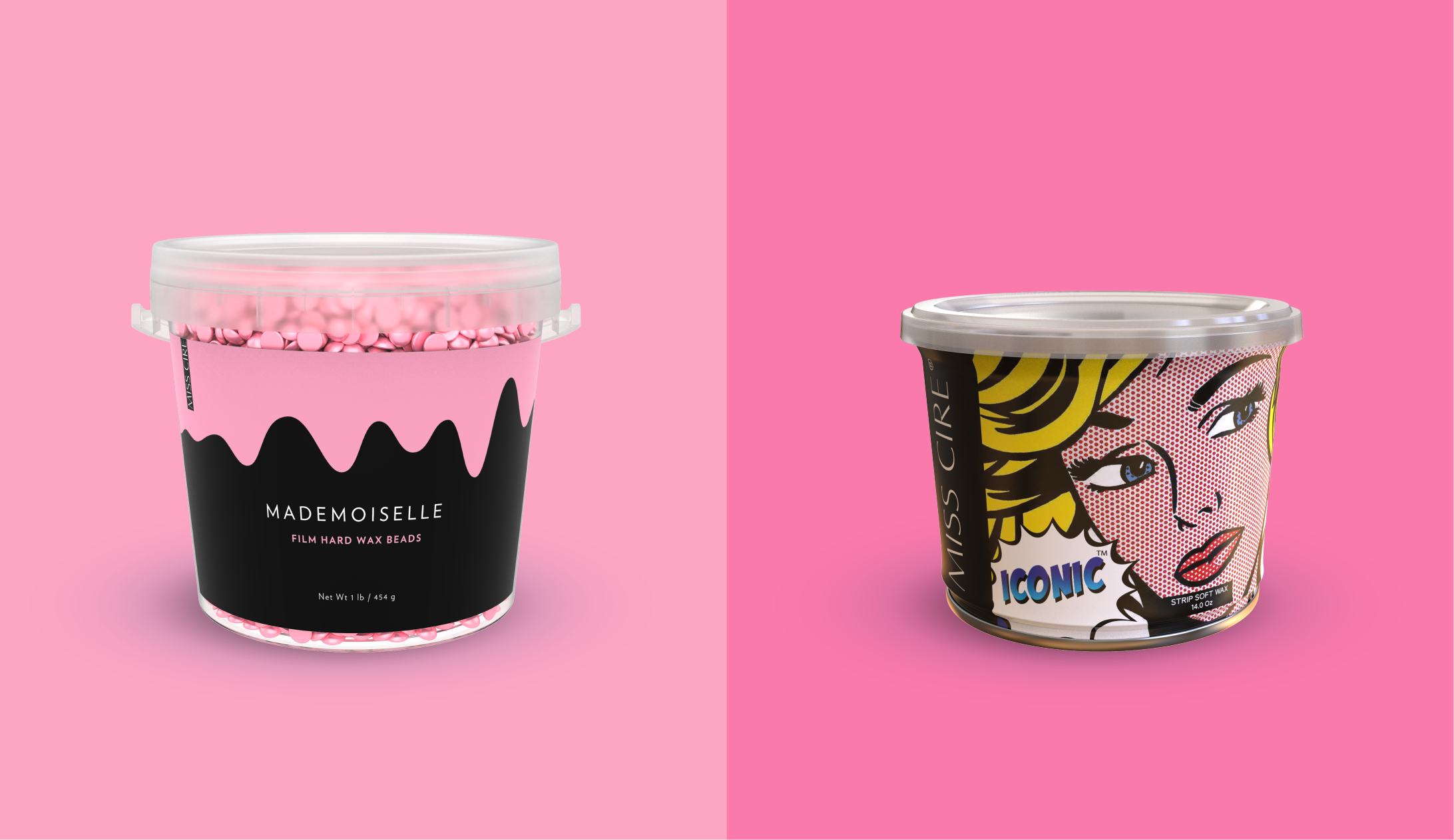 Two wax product containers illustrating hard wax beads and soft wax